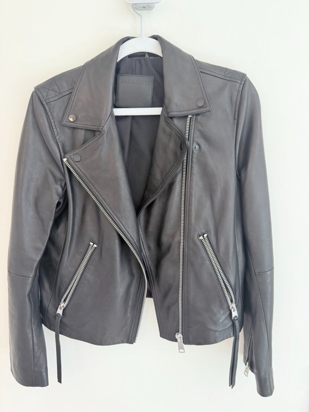 AllSaints Dalby Black Lamb Leather Biker Jacket US 8